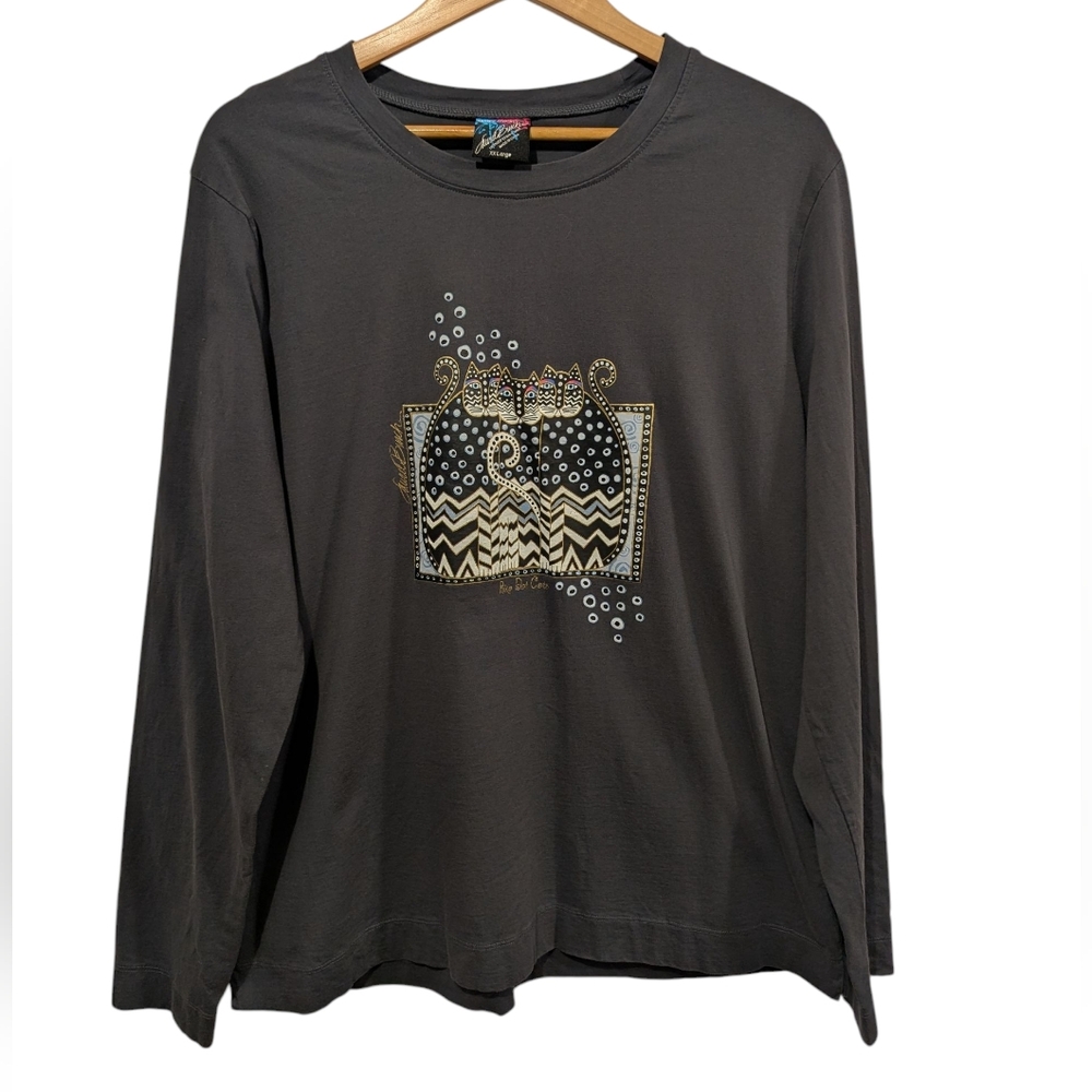 Laurel Burch Long Sleeve Polka Dot Cats Graphic Tee Size XXL
